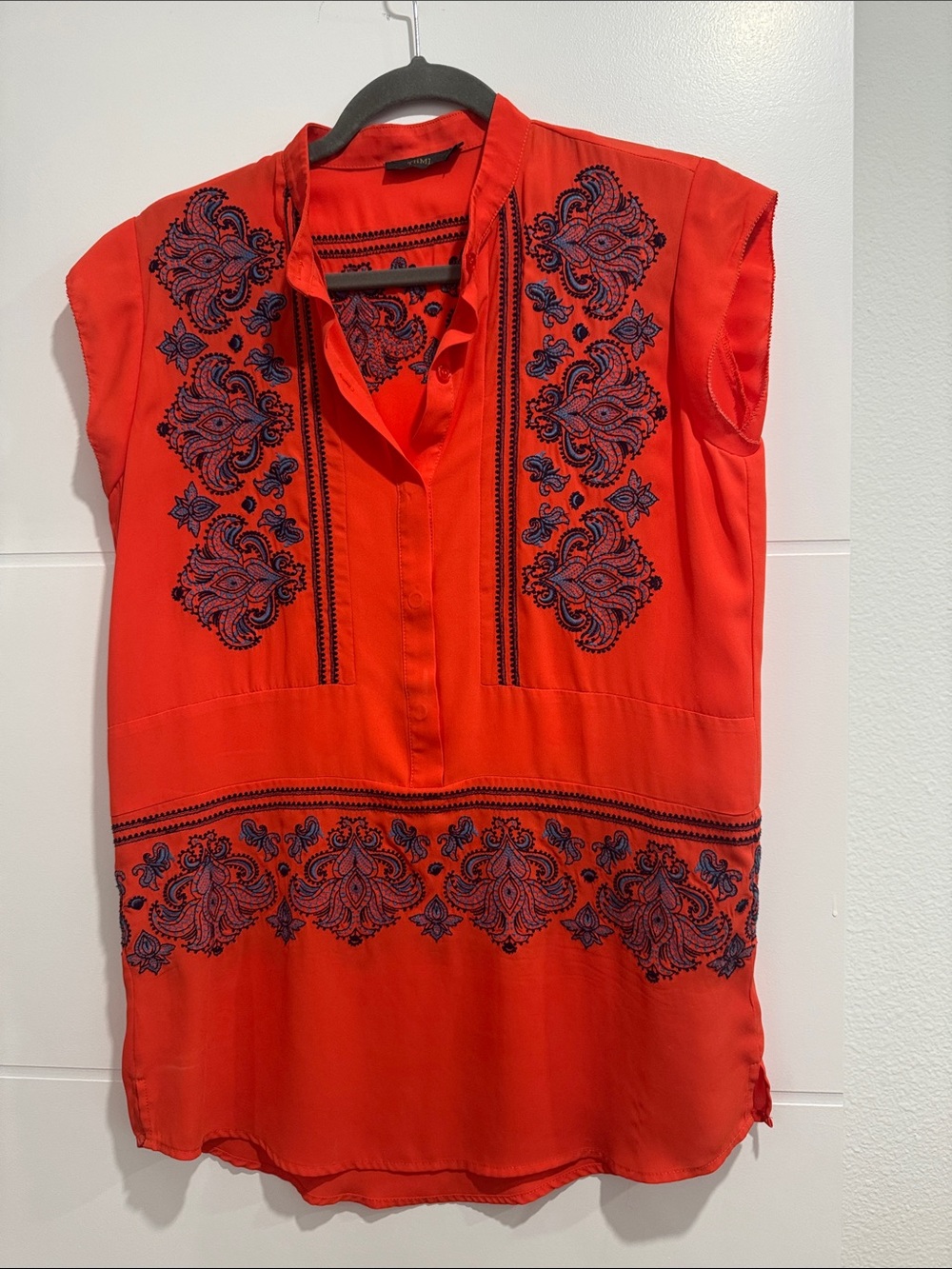Women's Red Embroidered Cap-Sleeve silk Tunic Top